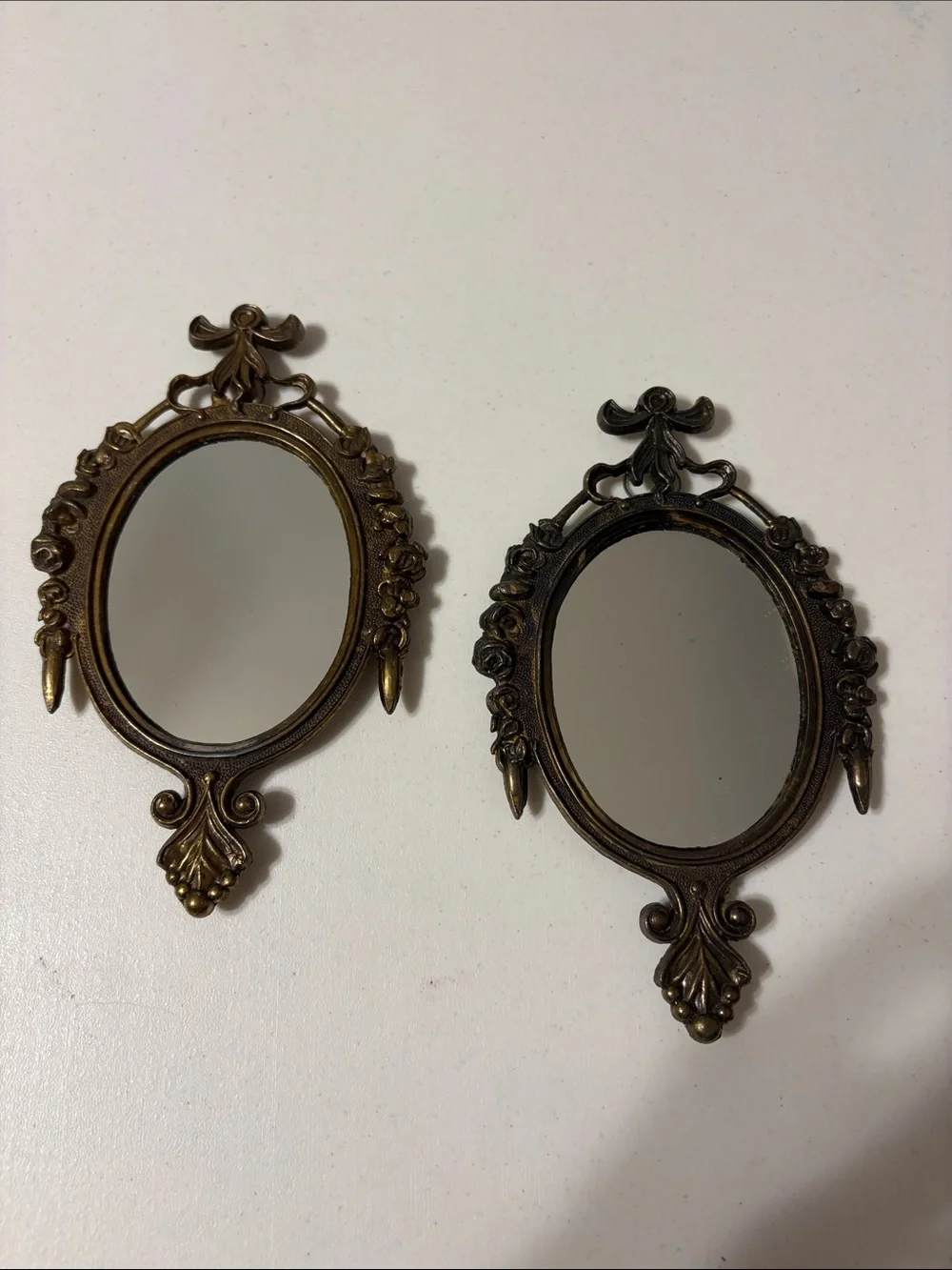 Vintage MCM Ornate Oval Wall Mirror Pair Antiqued Brass Baroque Rose Border EUC
